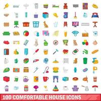 100 comfortabele huis iconen set, cartoon stijl vector