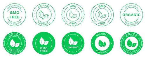 niet-ggo groene badge. biologisch bio productlabel. eco stempel logo. 100 procent ecologie veganistisch eten. gezonde natuurlijke product silhouet symboolset. ggo-vrij glyph-pictogram. geïsoleerde vectorillustratie. vector