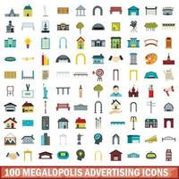 100 megalopolis reclame iconen set, vlakke stijl vector