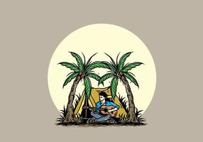 man met gitaar voor tent tussen kokospalm illustratie vector