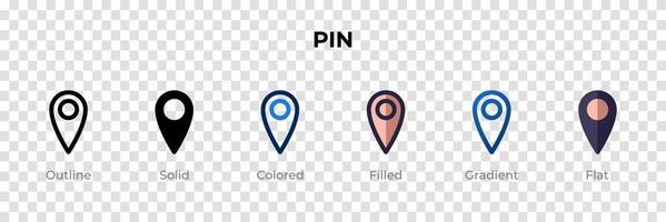 pin icoon in verschillende stijl. pin vector iconen ontworpen in omtrek, effen, gekleurd, gevuld, verloop en platte stijl. symbool, logo afbeelding. vector illustratie