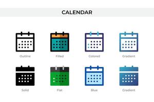 kalenderpictogram in verschillende stijl. kalender vector iconen ontworpen in omtrek, effen, gekleurd, gevuld, verloop en vlakke stijl. symbool, logo afbeelding. vector illustratie