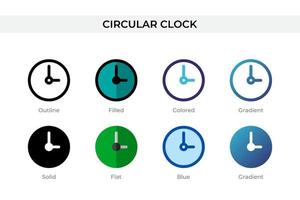 circulaire klokpictogram in verschillende stijl. ronde klok vector iconen ontworpen in omtrek, effen, gekleurd, gevuld, verloop en vlakke stijl. symbool, logo afbeelding. vector illustratie