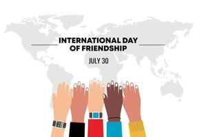 internationale vriendschapsdag achtergrond spandoek poster met vijf diversiteit handen omhoog en wereldkaart. vector