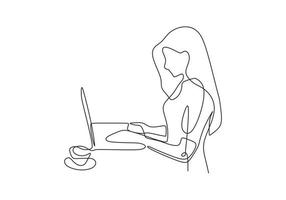 continu één lijntekening van vrouw met laptop en koffie. concept van creatieve werker vector