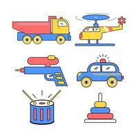 set handgetekende jongensspeelgoed met auto, vrachtwagen, helikopter, trommel en geweer vector