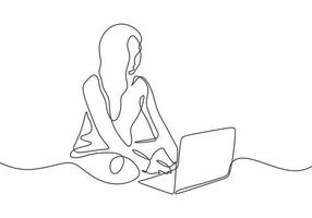 continu een lijntekening van meisje zit met laptop. casual vrouw die freelance werk thuis doet vector