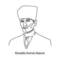 continue één lijntekening van mustafa kemal ataturk. Turkse veldmaarschalk, revolutionaire staatsman, auteur en oprichter van de Republiek Turkije vector