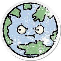 verontruste sticker van een schattige cartoon planeet aarde vector