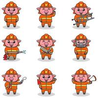 vectorillustratie van varken cartoon met brandweerman kostuum. set van schattige varkenskarakters. verzameling van grappig varken geïsoleerd op een witte achtergrond. vector