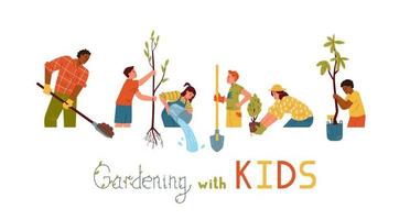 tuinieren met kinderen horizontale vector banner. multiraciale kinderen en volwassenen die bomen planten, water geven, graven, zaailingen brengen.