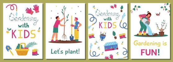 tuinieren met kinderen set vectorkaarten. illustraties van kinderen die bomen planten, water geven, tuingereedschap. vector