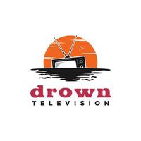 tv-gootsteen verdrinkt bij zonsondergang in de zee voor filmproductie televisie haters logo-ontwerp vector