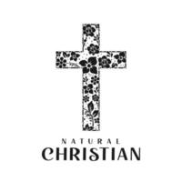 christelijk kruis met bloemenornamenten natuurlijke plantenbloemen voor religieuze logo's inspirerend ontwerp vector