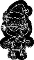 cartoon noodlijdende icoon van een jongen die een zonnebril draagt met een kerstmuts vector