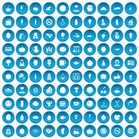 100 vegetarische café iconen set blauw vector