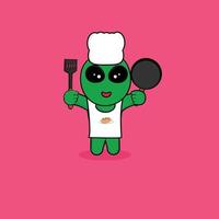 groen buitenaards schattig stripfiguur staat klaar om te koken, het beste voor mascotte of ruimtethema-logo vector