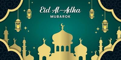 eid al-adha banner vectorontwerp met islamitische blauwe achtergrond en creatieve en moderne moskee en lantaarnmotief vector