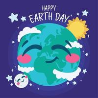 schattige aardeplaneet met wolken zon en maan happy earth day vector