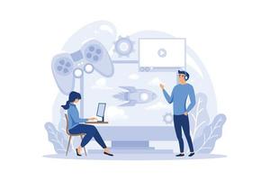 spelontwikkelingsconcept. creatief proces van het ontwerp van een computervideogame. digitale technologie, programmeren en coderen. platte ontwerp moderne illustratie vector