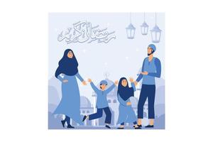 gelukkige eid al-fitr illustratie. moslim mensen vieren eid al-fitr. vector in een vlakke stijl