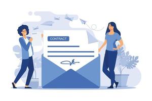 vrouw die post ontvangt en brief leest. persoon krijgt contract met handtekening uit envelop. platte vectorillustratie voor e-mail, bericht, communicatieconcept. platte ontwerp moderne illustratie vector