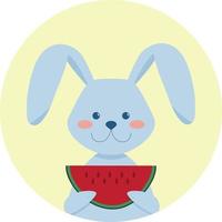 schattig konijn met watermeloen. symbool van het nieuwe jaar. hallo zomer ansichtkaart. platte cartoon vectorillustratie. vector