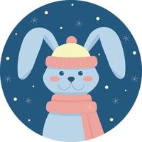 schattig konijn in een muts en sjaal. symbool van het nieuwe jaar. hallo winter ansichtkaart. platte cartoon vectorillustratie. vector