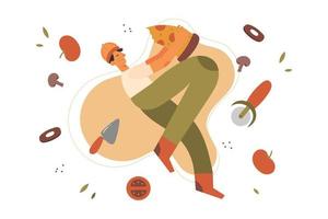 een man die geniet van het eten van pizza platte illustratie vector