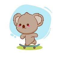 schattige cartoon baby koala spelen skateboard. hand getrokken mascotte ontwerp illustratie. vector