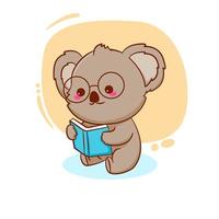 schattige cartoon baby koala leesboek. hand getrokken mascotte ontwerp illustratie. vector