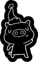 cartoon icoon van een tevreden varken met een kerstmuts vector