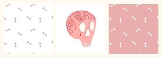 vector set patronen en posters voor halloween met een roze schedel en een tatoeage op een witte en roze achtergrond in vlakke stijl. illustratie voor halloween, pyjama's, ansichtkaarten, decor, feestdagen