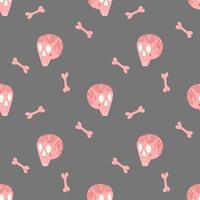 vectorpatroon voor halloween met roze schedels, tatoeages en roze botten op een grijze achtergrond. vakantie-illustraties, verpakkingen, t-shirts, posters, ansichtkaarten, pyjama's vector