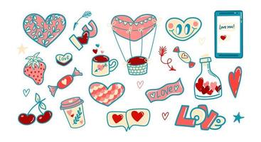 een set van vectorelementen voor Valentijnsdag, harten, liefde, is hou van jou, aardbeien, snoep, gebak. een romantische set stickers in de stijl van de jaren 80, ansichtkaarten, posters, stoffen vector