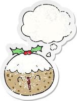 schattige cartoon kerstpudding en gedachte bel als een versleten versleten sticker vector