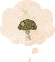 cartoon paddestoel met sporenwolk en gedachte bel in retro getextureerde stijl vector