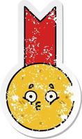 verontruste sticker van een leuke cartoon gouden medaille vector