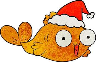 gelukkige goudvis getextureerde cartoon van een dragende kerstmuts vector