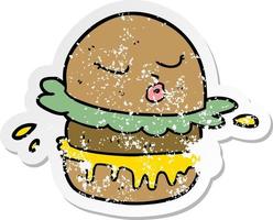 verontruste sticker van een cartoon fastfoodburger vector