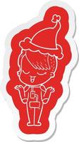 happy cartoon sticker van een meisje in een ruimtepak met een kerstmuts vector
