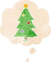 cartoon kerstboom en gedachte bel in retro getextureerde stijl vector