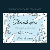 bloemen bruiloft dank u kaartsjabloon in de hand getrokken doodle stijl, uitnodigingskaart ontwerp met lijn bloemen en bladeren, stippen. vector Decoratief frame op witte en blauwe achtergrond.
