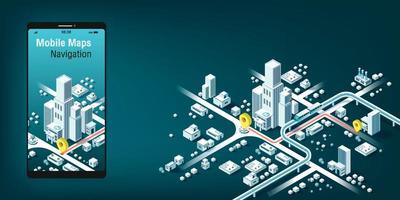 mobiele kaarten navigatie en tracking concept. isometrische stadsplattegrond, app-ontwerp, infographic. vector illustratie