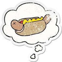 cartoon hotdog en gedachte bel als een versleten versleten sticker vector