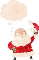 cartoon kerstman zwaaiende hoed en gedachte bel in retro getextureerde stijl vector
