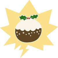 cartoon kerstpudding en tekstballon in retro stijl vector