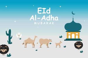 gelukkige eid al adha-illustratie met geiten, schapen en kamelen vector