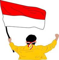 de man in het gele overhemd heft beide handen op terwijl hij de Indonesische vlag in zijn linkerhand houdt. vector