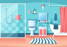 moderne badkamermeubels interieur achtergrond illustratie met badkuip, kraan toilet wastafel om te douchen en op te ruimen in egale kleurstijl vector